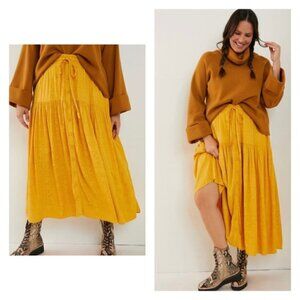 Anthropologie Maeve Carnacion Textured Yellow Maxi Skirt Button Pockets Size S